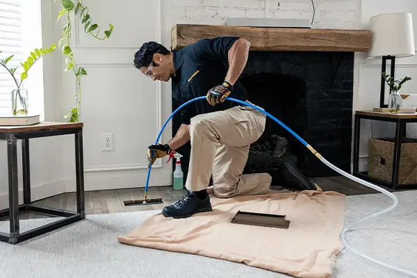 technician cleaning air duct vent in kansas city residential living room